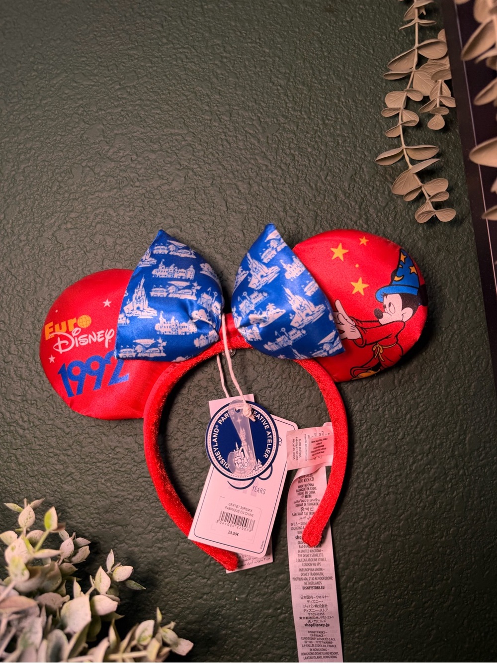 Disney Red & Blue Sorcerer Mickey 1992 Kids Ear Headband with Bow